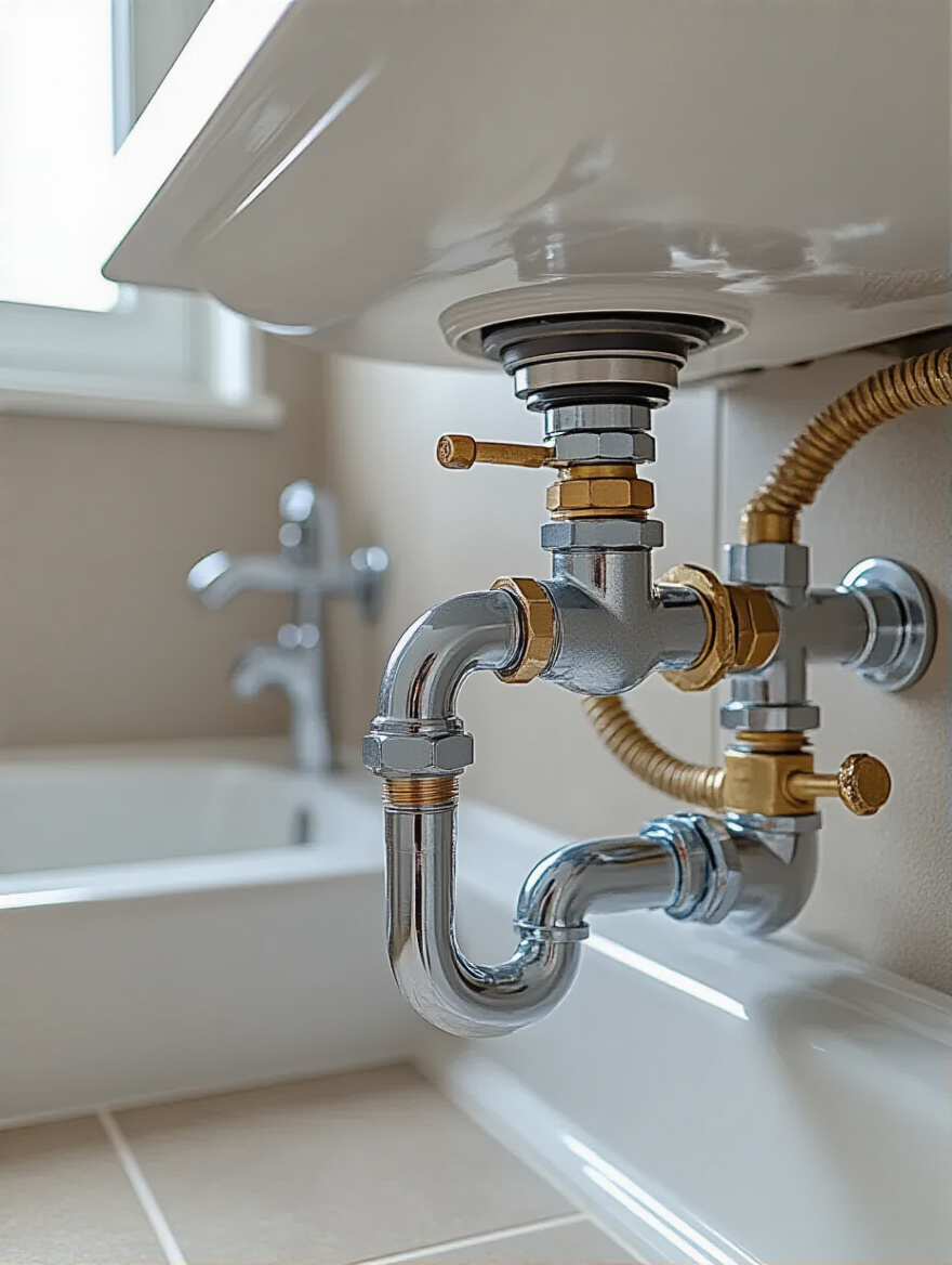 Close-up view of bathroom under-sink plumbing showing pipes, valves, and P-trap for plumbing assessment