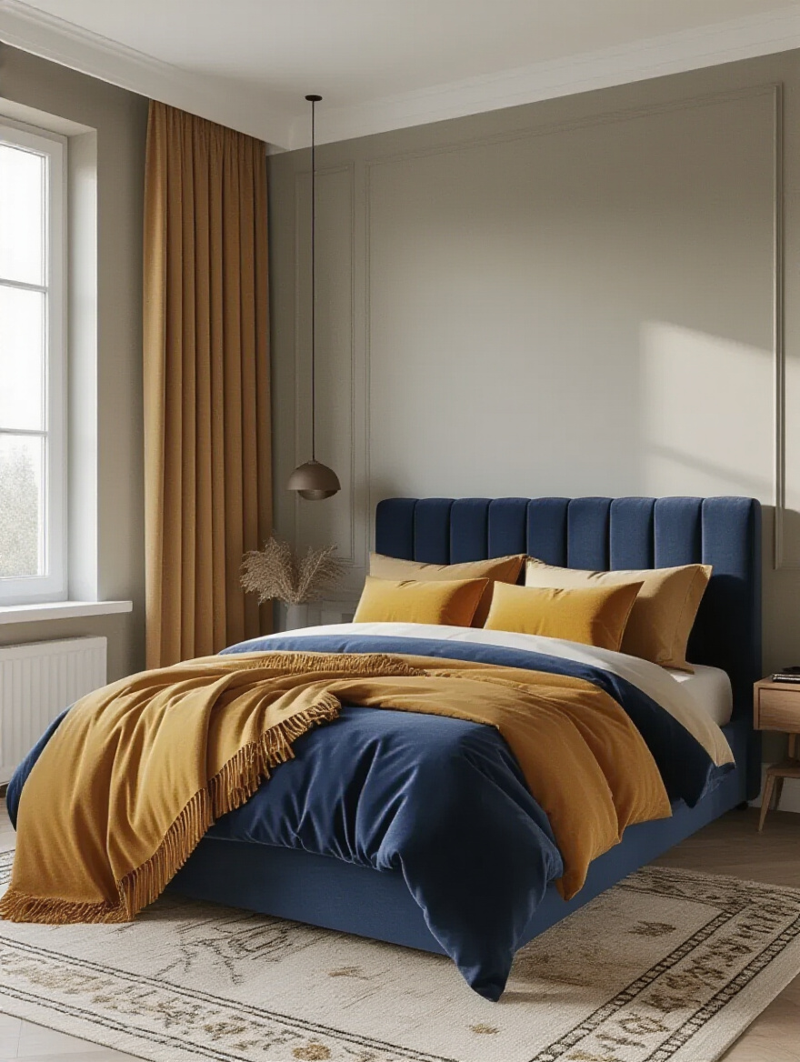 Bedroom interior showcasing coordinated paint color with bedding and textiles for a harmonious design