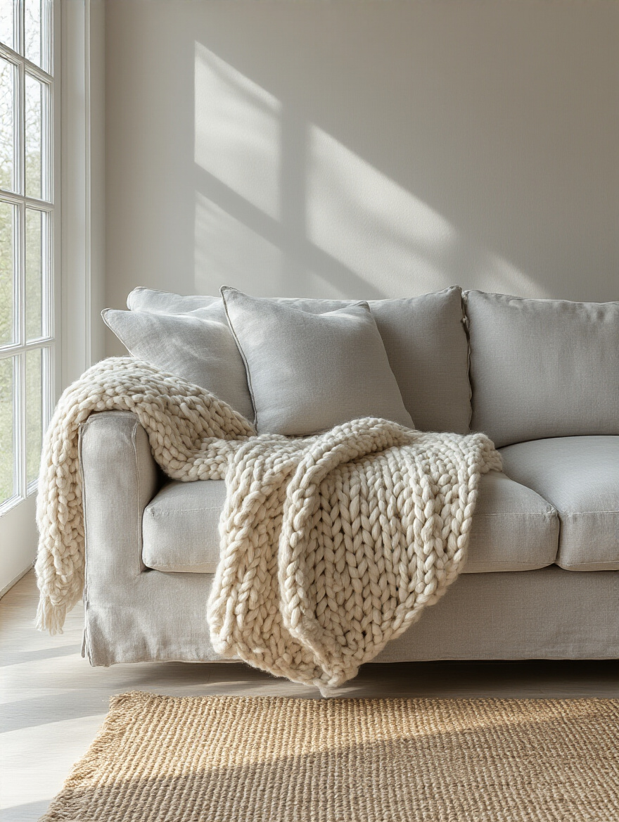A minimalist living room showcasing subtle textures with a light grey linen sofa and chunky-knit throw.