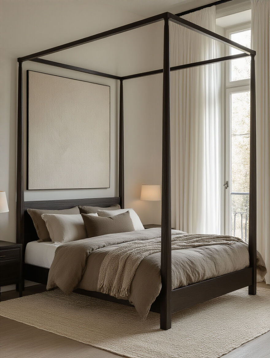 A beautifully balanced bedroom design featuring a dark four-poster bed and light wall art.