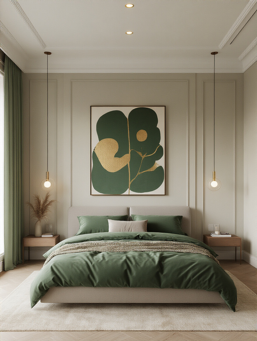 Modern bedroom with a bold forest green feature wall contrasting soft white walls and minimalist decor