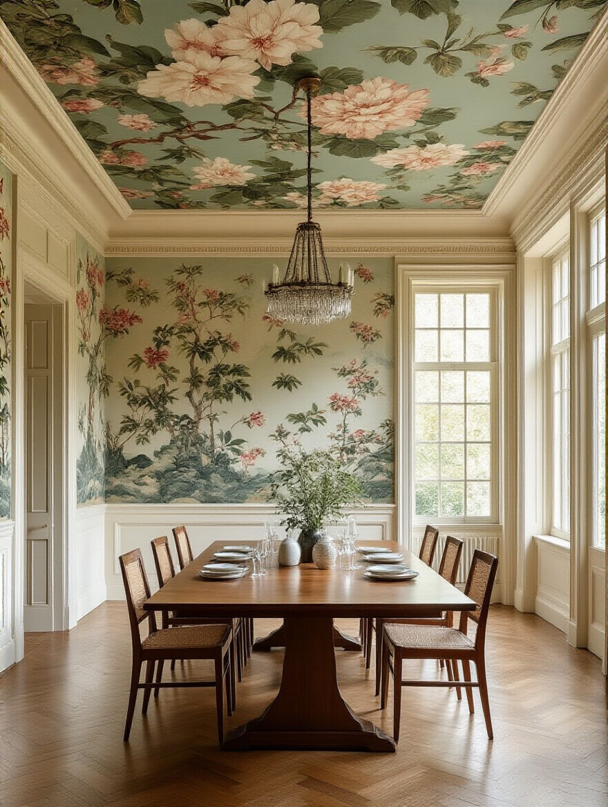 Elegant dining room with a boldly wallpapered ceiling featuring a floral chinoiserie mural, wooden dining table beneath, warm natural lighting