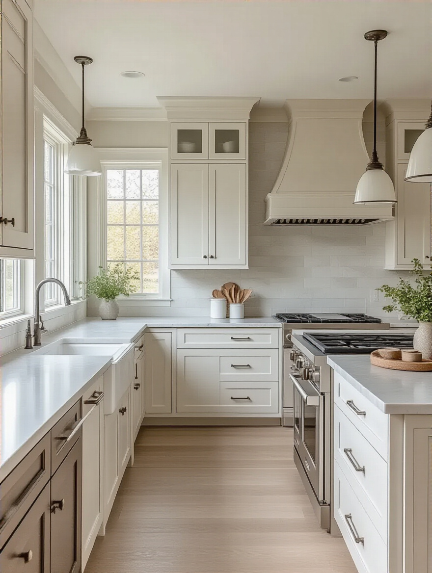 A modern kitchen with timeless finishes including Shaker cabinets and quartz countertops.