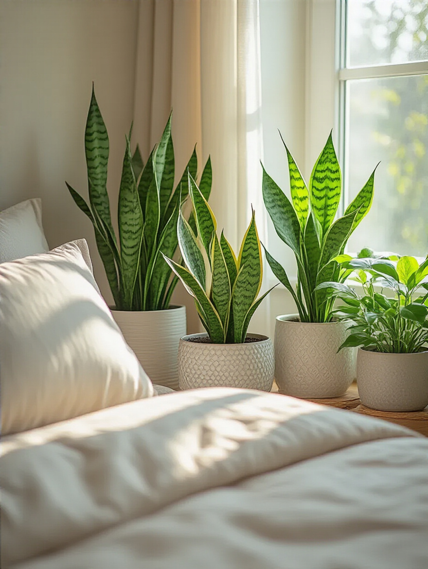 Serene bedroom corner with low-maintenance indoor plants in decorative pots bathed in soft natural light