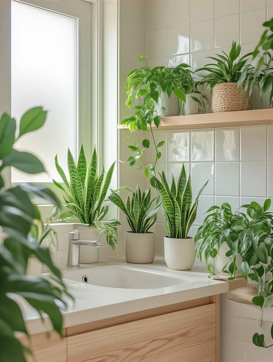 Coastal bathroom featuring low-maintenance air-purifying plants in a serene setting.