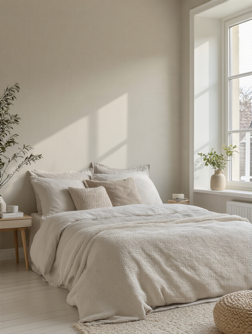 Close-up of a bedroom wall painted with smooth, high-quality premium paint showcasing durability and fresh finish