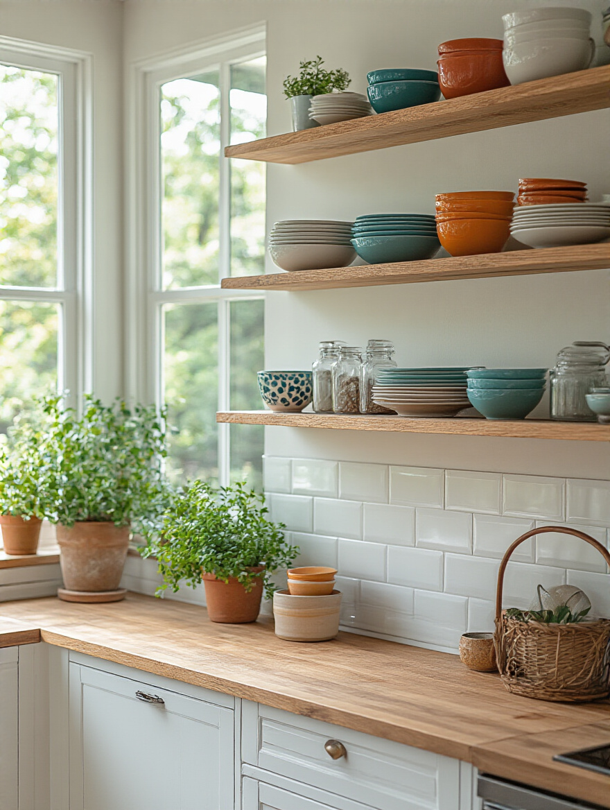 A modern kitchen featuring budget-friendly floating shelves filled with colorful dishware and decor.