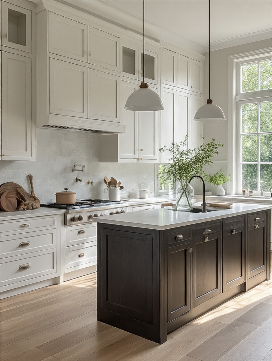 Modern kitchen with mixed cabinet styles and finishes reflecting a contemporary decor vision.