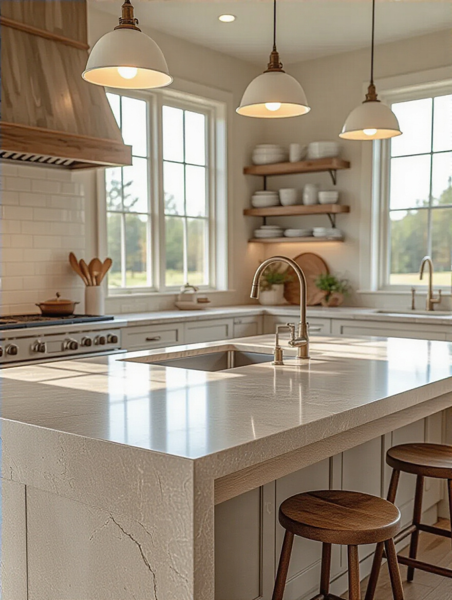 Stylish kitchen with quartz countertops highlighting durability and low maintenance features.