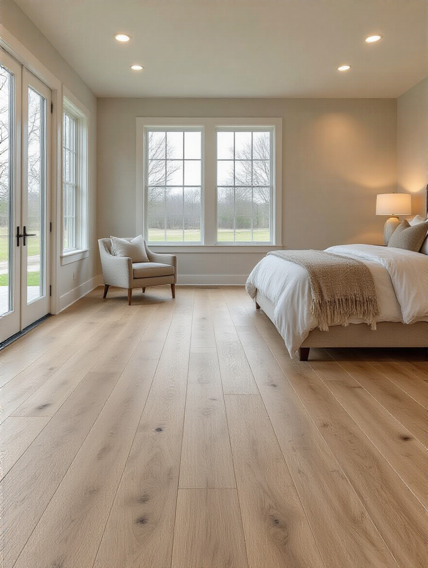 Master bedroom with durable stylish wide-plank oak flooring, natural and warm lighting, no people