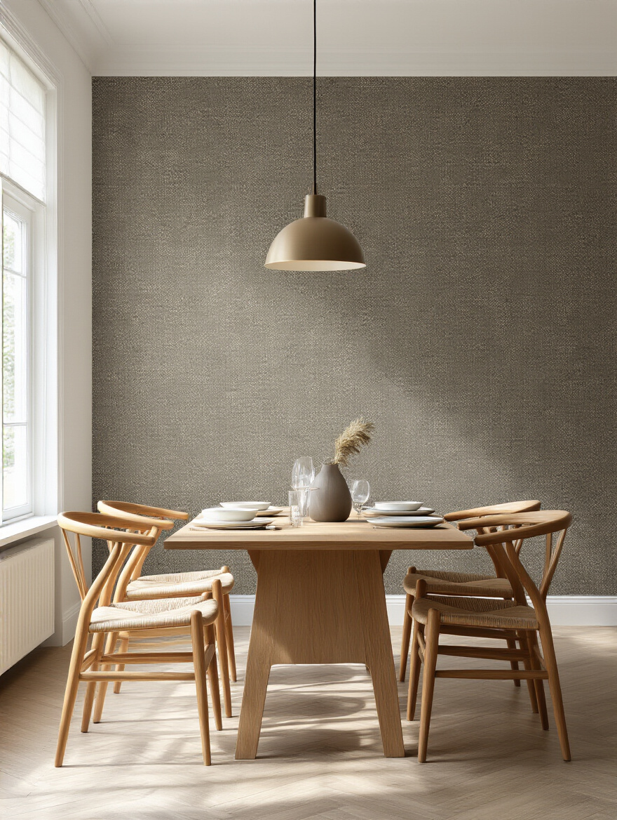 Modern dining room with durable vinyl wallpaper designed for high-traffic use, featuring a wooden table and chairs under soft natural lighting