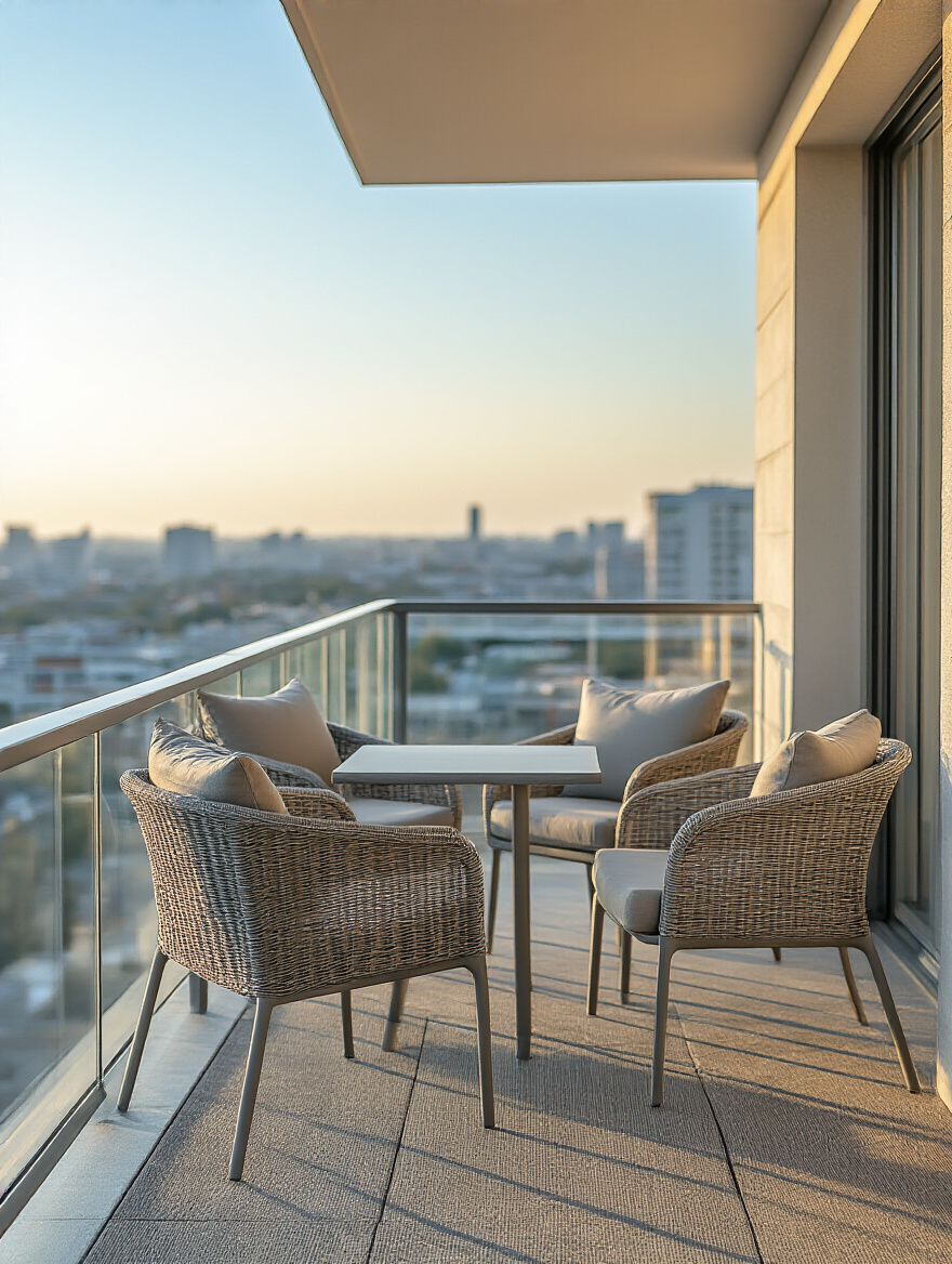 Balcony with durable weather-resistant powder-coated aluminum and synthetic rattan furniture with Sunbrella cushions in natural light