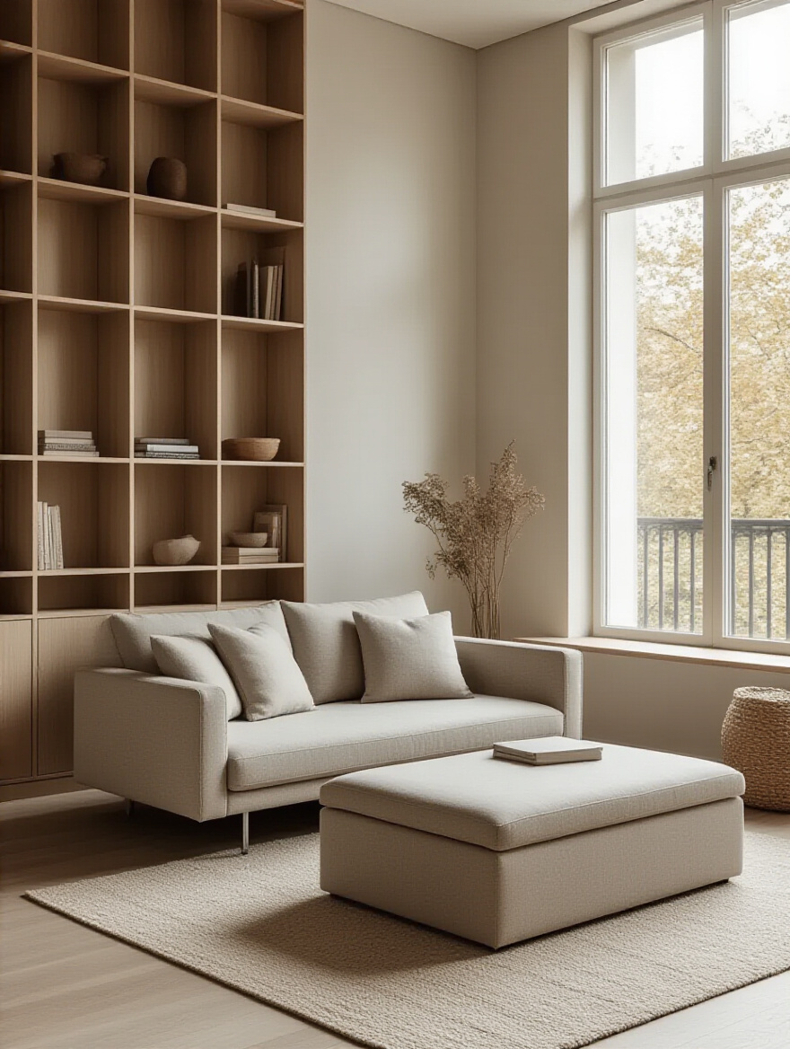 Minimalist living room showcasing multi-functional furniture for space efficiency