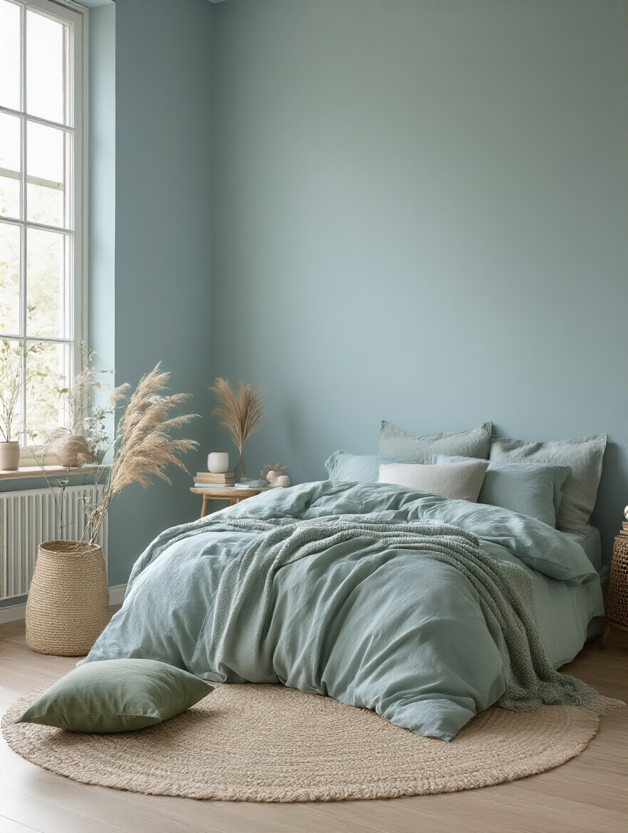 Calming bedroom wall color palette with soft blues and greens for restful sleep.