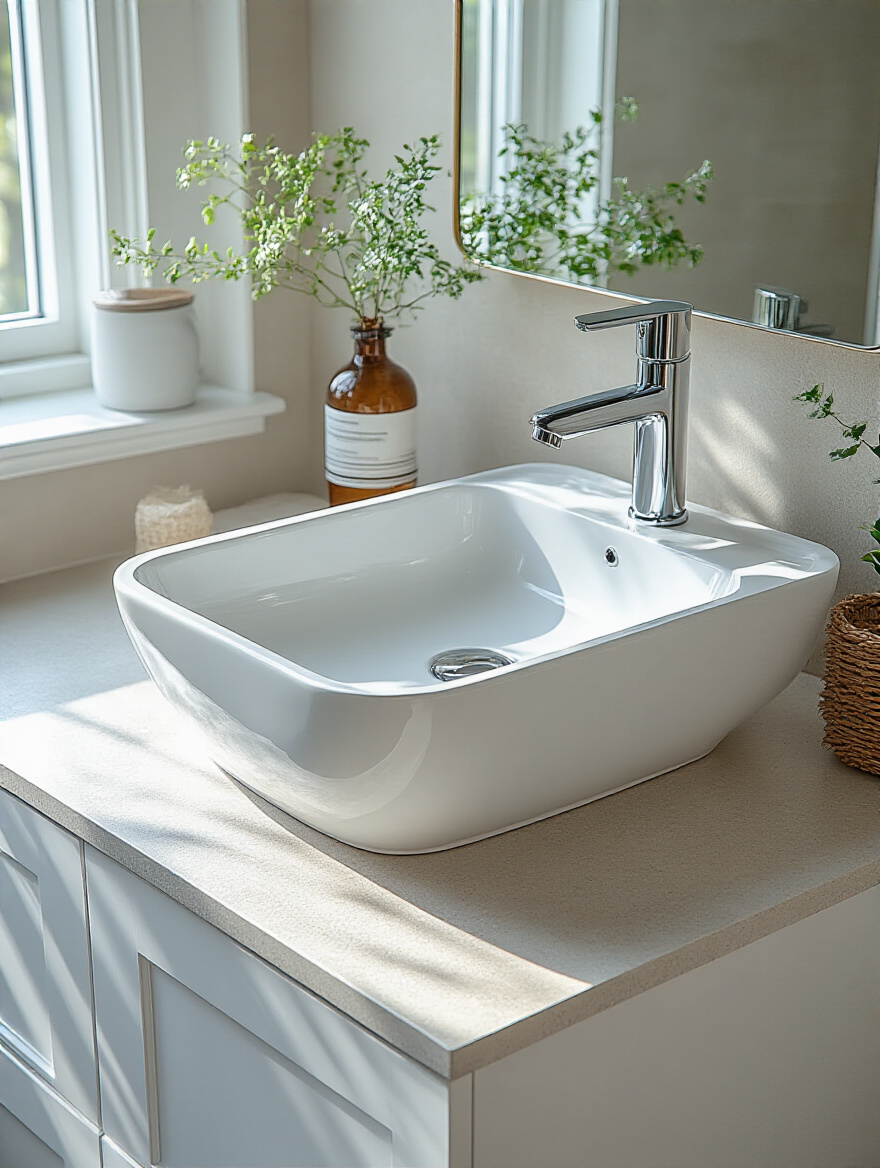 Modern bathroom vanity featuring an undermount sink with seamless solid surface countertop in natural daylight