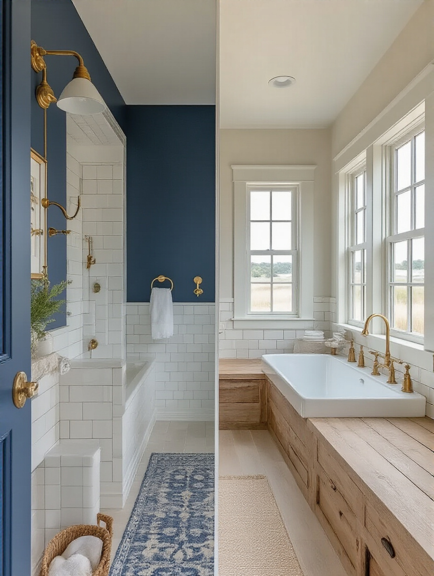 Coastal bathroom design showcasing Nautical Charm and Beach House Simplicity with contrasting styles.