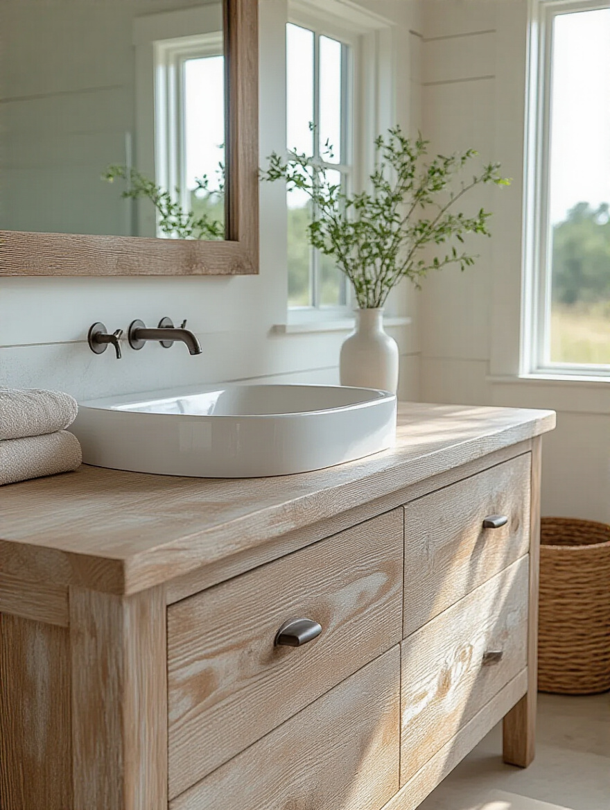 Coastal-inspired bathroom with reclaimed wood vanity and quartz countertop.