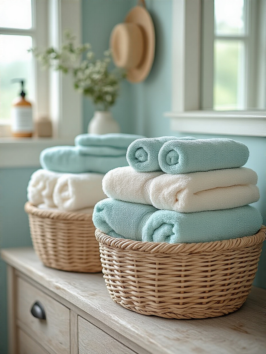 Coastal bathroom scene with soft absorbent towels in complementary hues