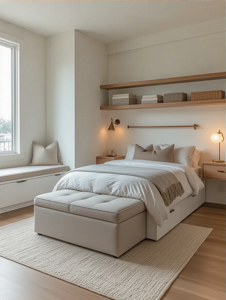 Modern bedroom with built-in storage drawers, floating shelves, and an upholstered storage ottoman, showcasing clever storage solutions to maximize space and reduce clutter.