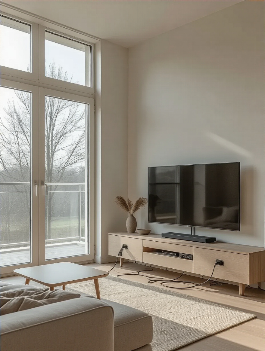 Minimalist living room with concealed cables and wires, showcasing a sleek and polished design.