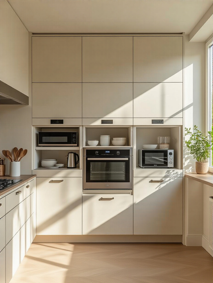 A modern kitchen with concealed small appliances using clever cabinetry solutions.