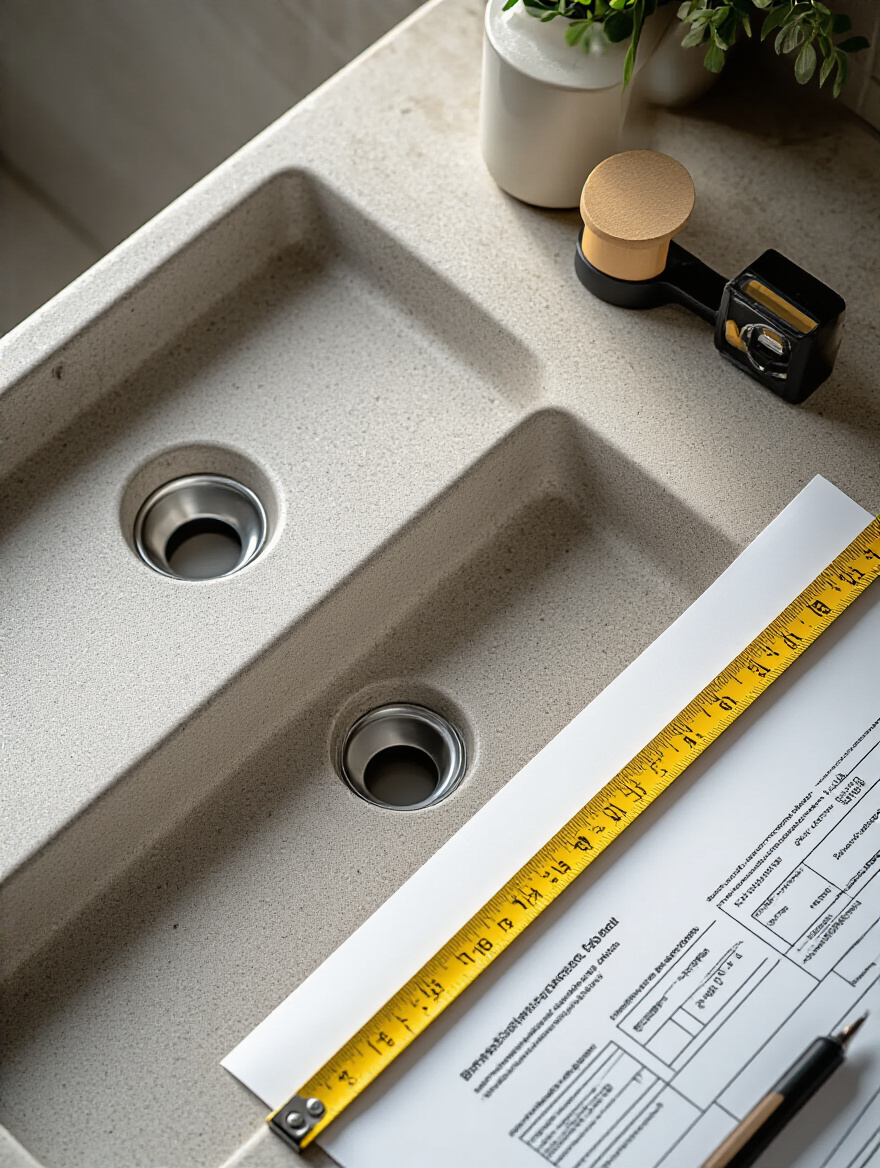 Close-up of bathroom sink showing pre-drilled faucet holes with measuring tape and specification sheet verifying hole spacing