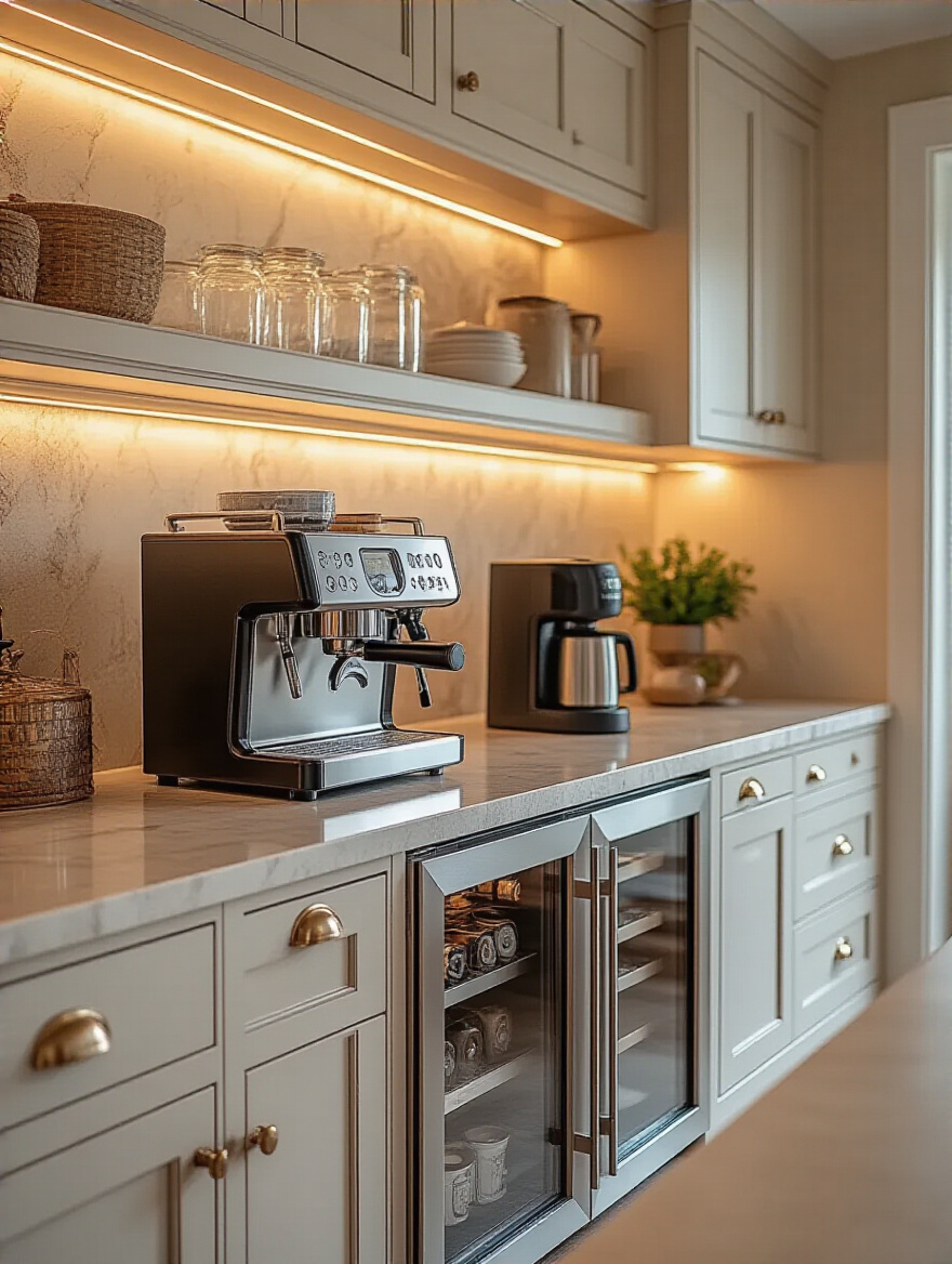 A stylish beverage station in a modern kitchen with espresso machine and custom cabinetry.