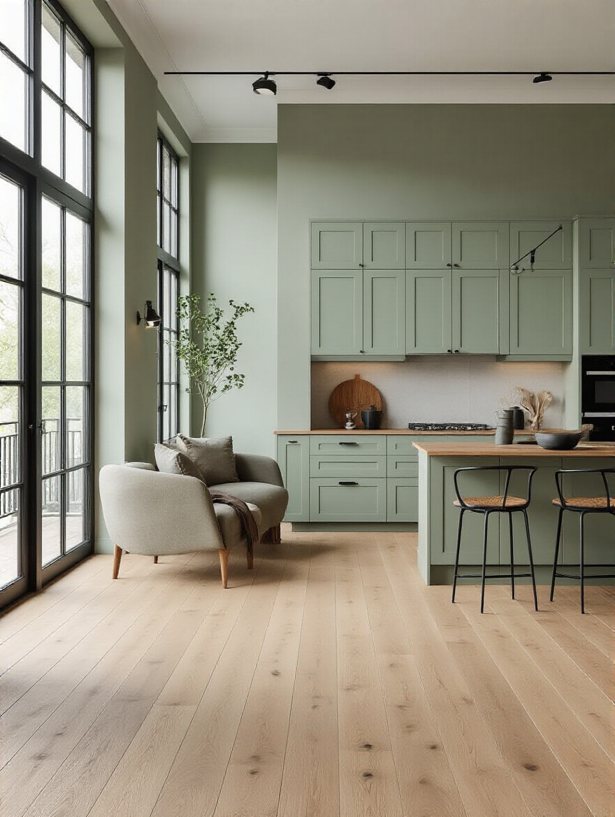 Open concept kitchen and living area with seamless color flow in sage green and grey-green hues.