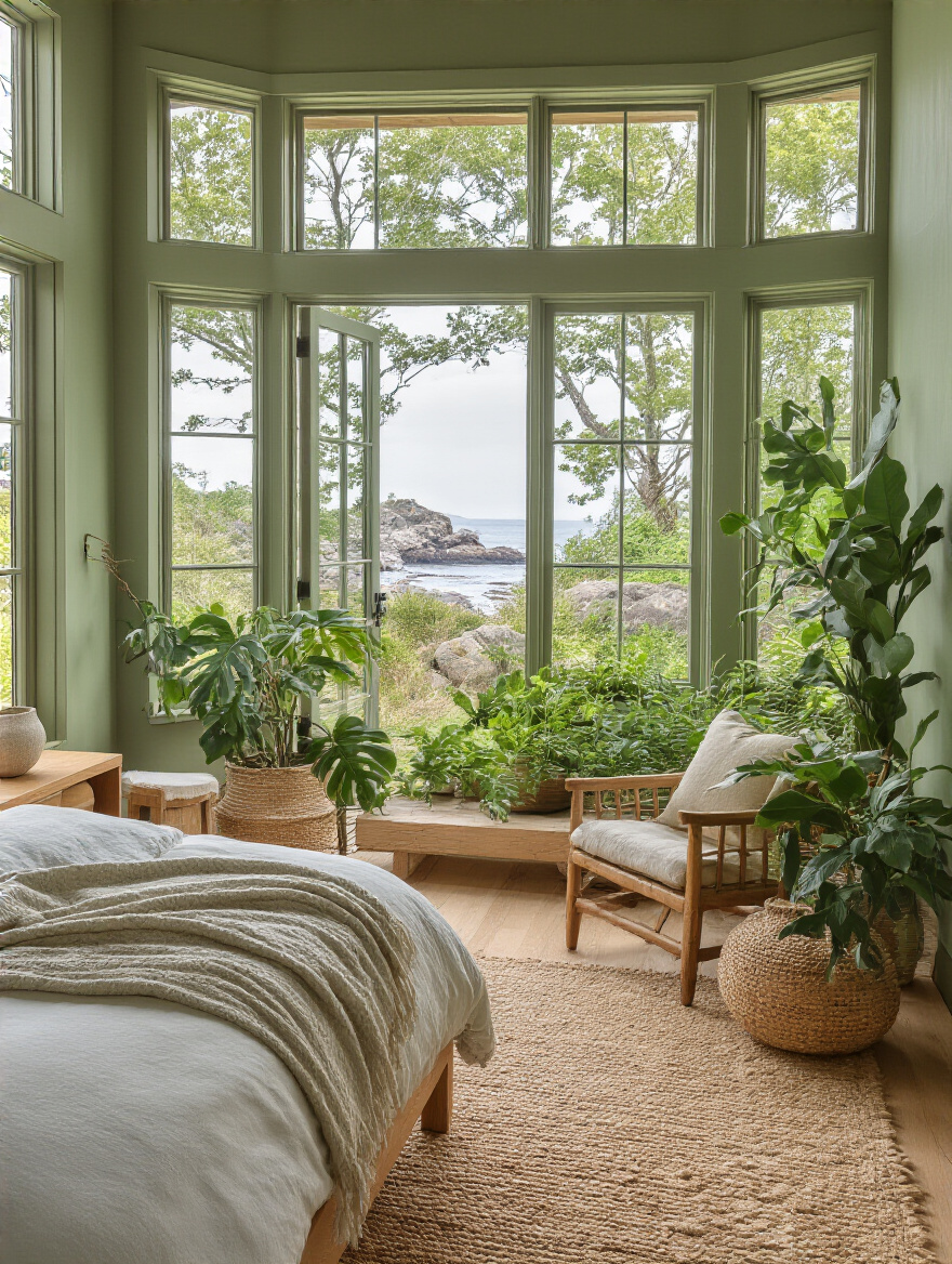 Serene bedroom interior with muted sage green walls and natural light highlighting wooden furniture and plants, blending indoor space with outdoor greenery through large windows