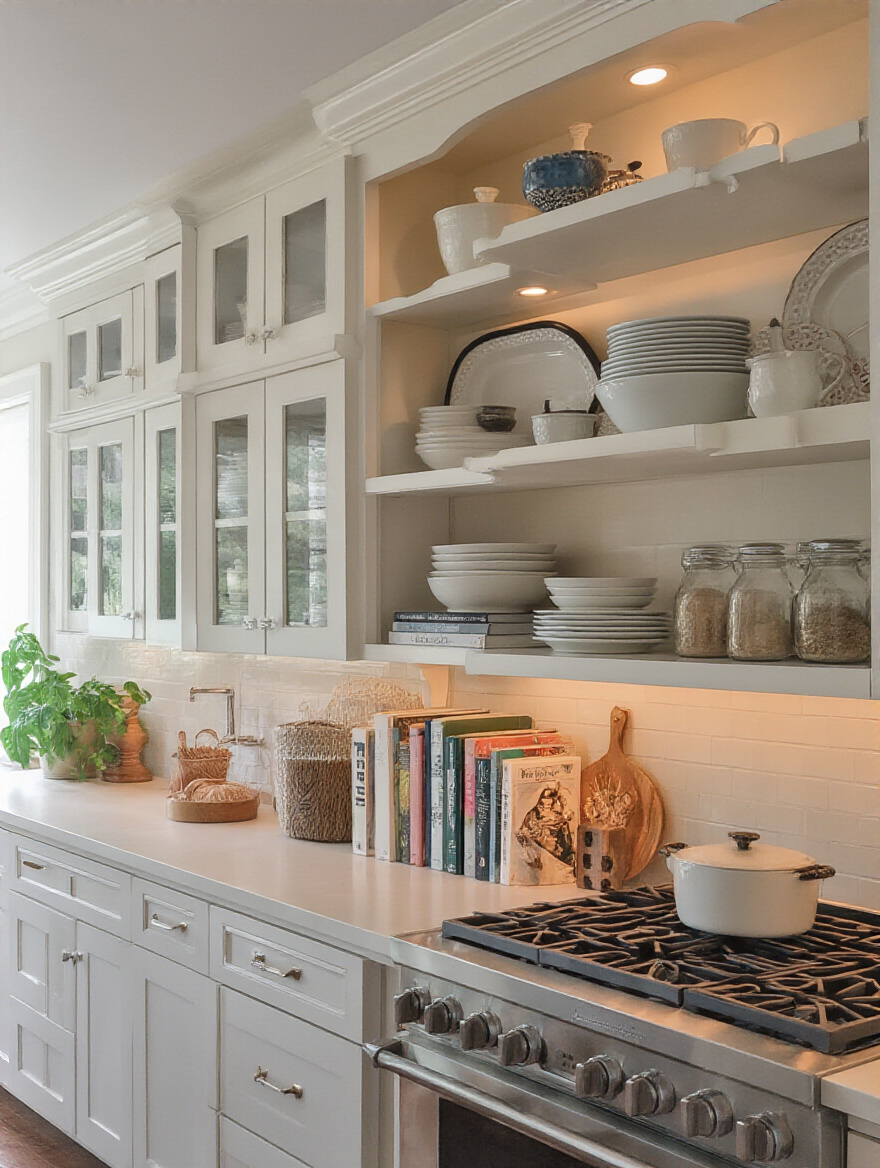 Chic open shelving displays in a modern kitchen with neatly arranged dishware and decor