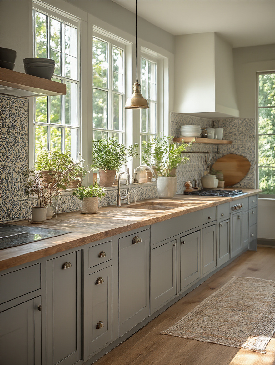 A professionally designed kitchen featuring coordinated wall colors, backsplash, and countertop patterns.