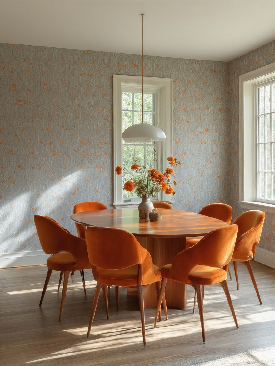 Dining room with mid-century modern furniture and warm gray geometric wallpaper coordinating with orange velvet chairs