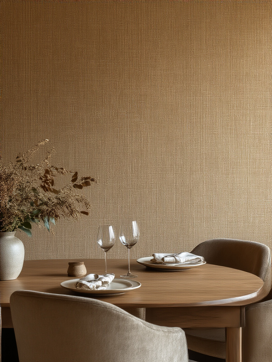 Elegant dining room featuring textured wallpaper accent wall enhancing mood and warmth