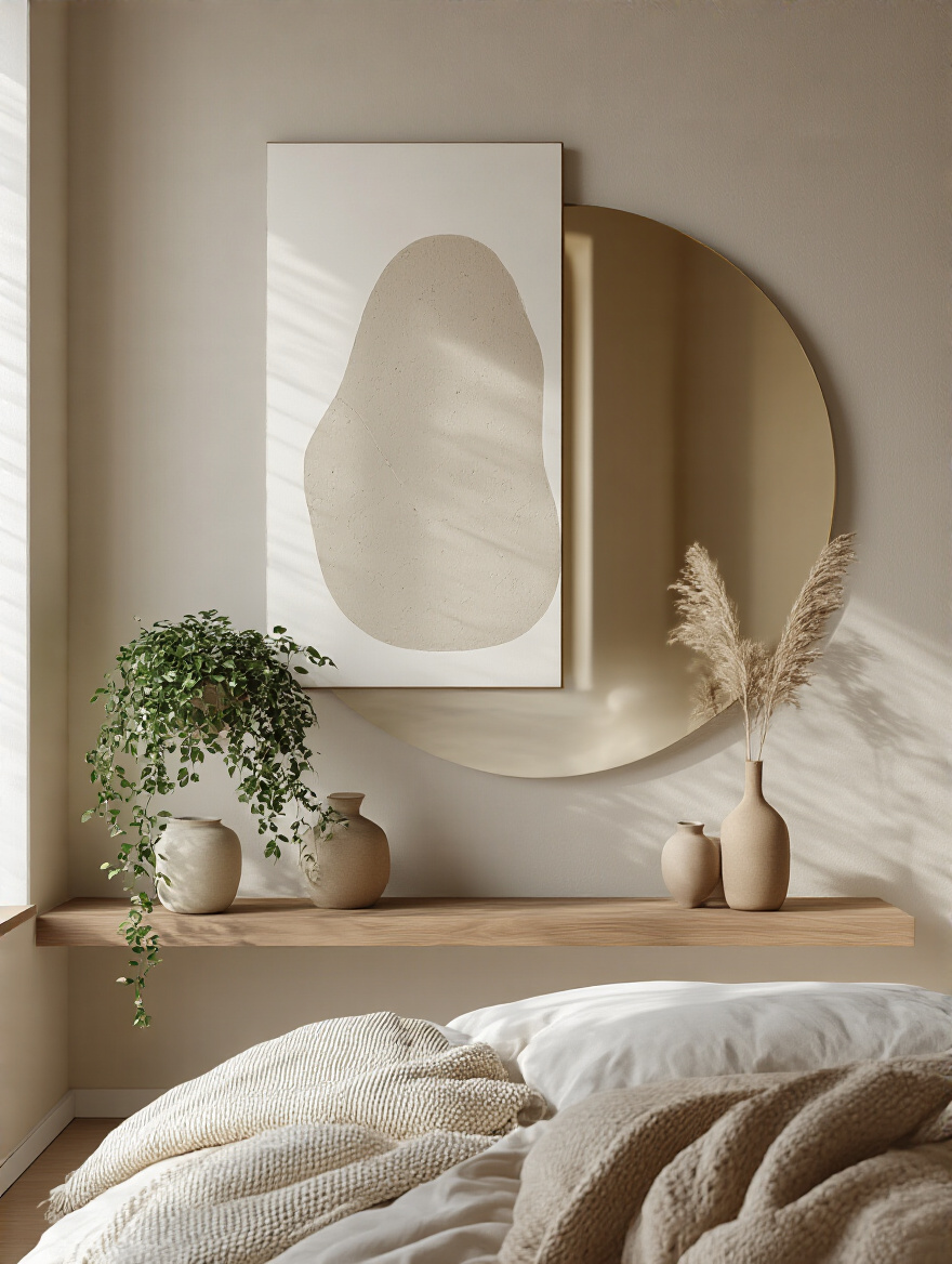 Layered wall decor in a bedroom featuring abstract art, a mirror, and a floating shelf with plants.