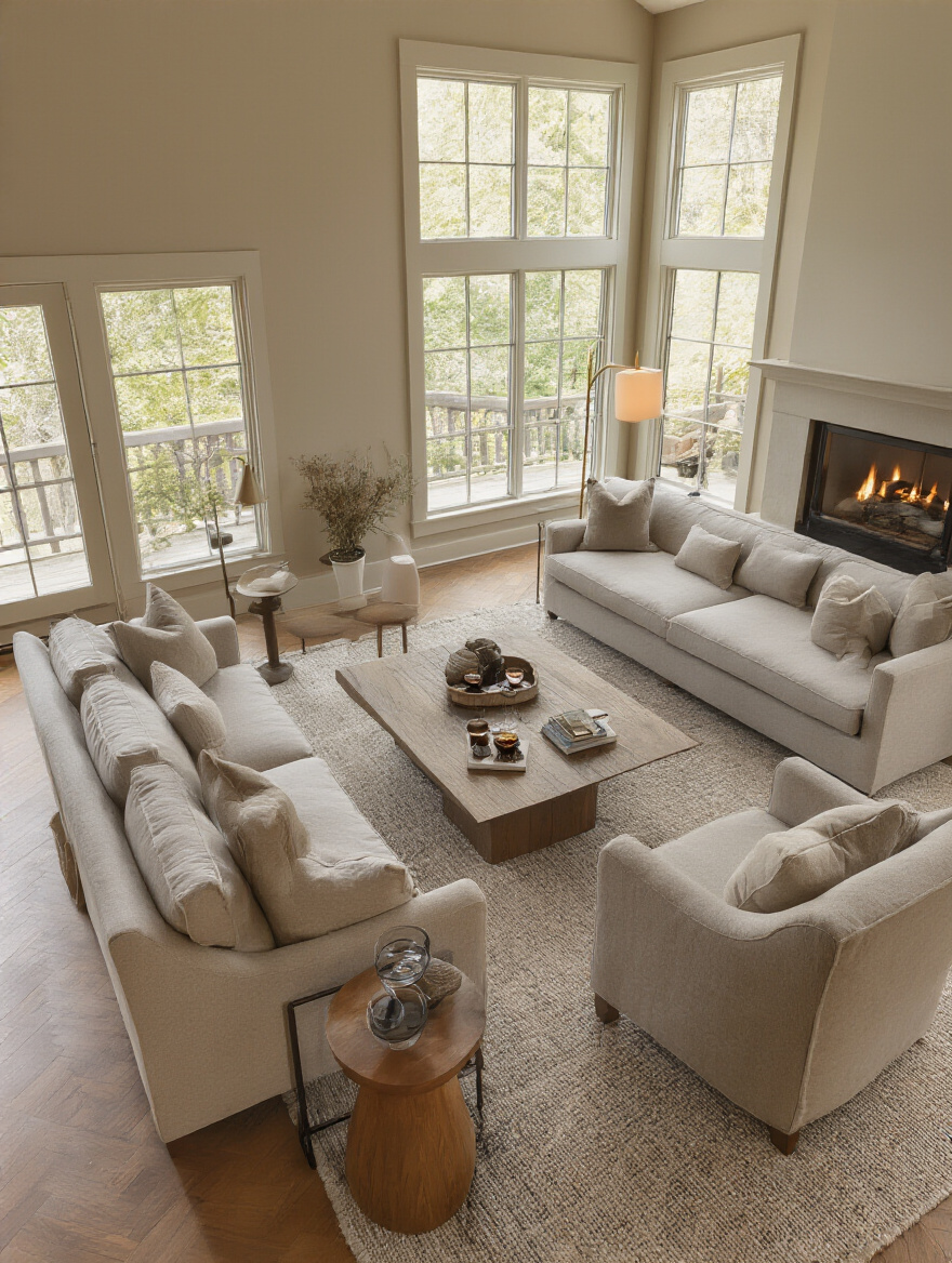 Cozy living room with thoughtful furniture grouping creating an intimate conversation zone around a fireplace