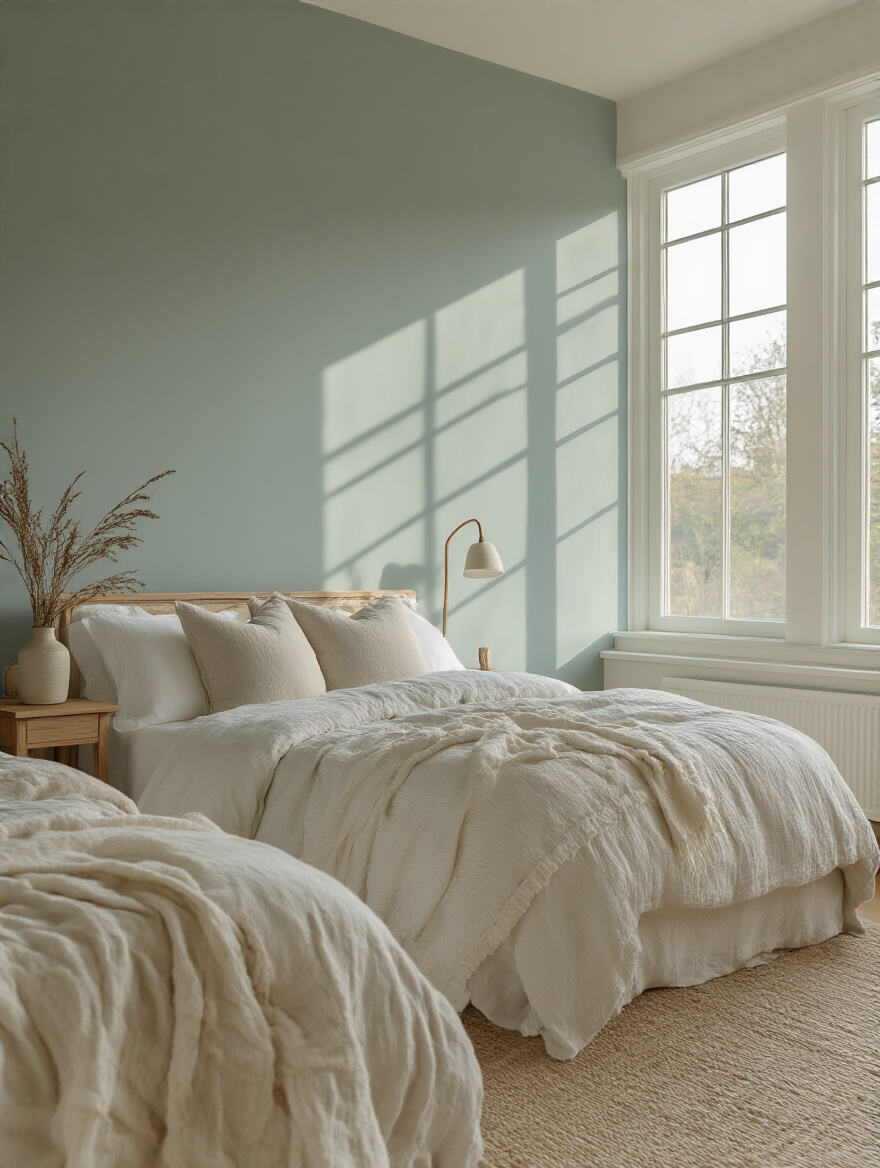 Master bedroom interior with calming color palette of soft whites, dusty blue, sage green, natural wood furniture, and linen bedding promoting rest