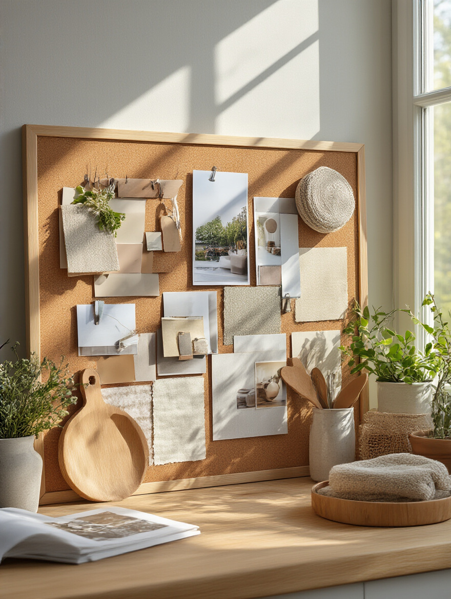 A detailed vision board for kitchen design featuring various materials, colors, and images.