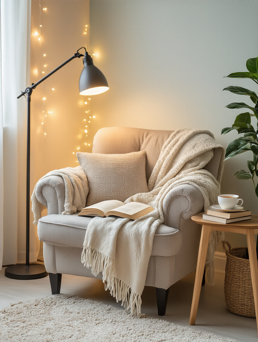 Cozy reading nook with plush armchair and layered warm lighting in a bedroom corner