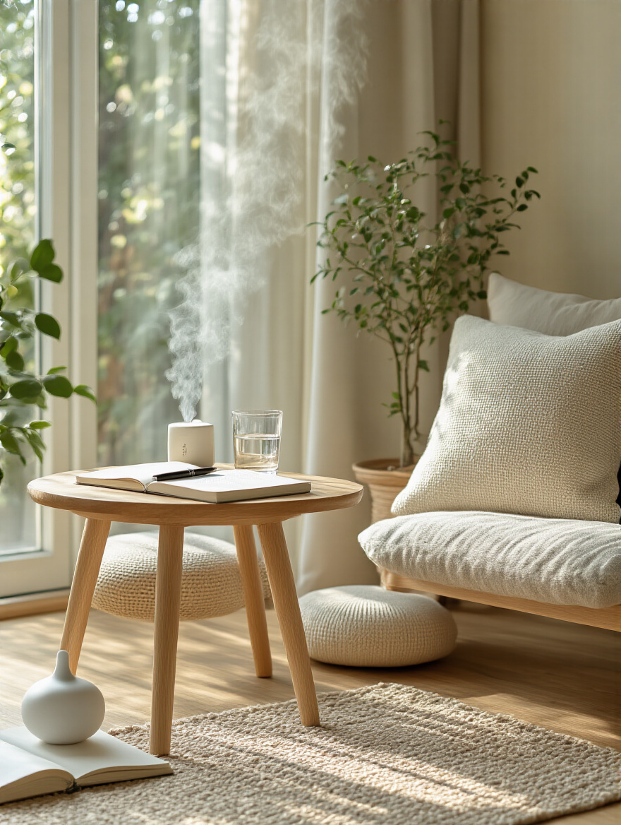 Dedicated morning routine zone in master bedroom with journal, meditation cushion, diffuser, and natural light