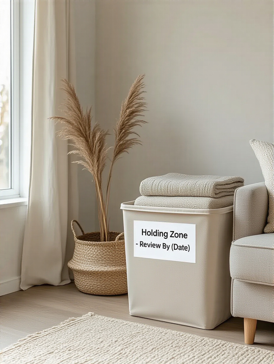 Minimalist living room with a holding zone for sentimental items
