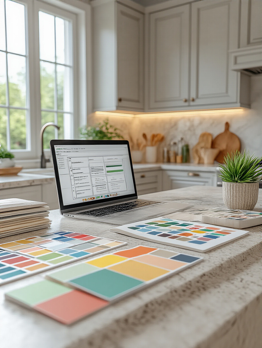 Modern kitchen with budgeting tools and design samples on a countertop