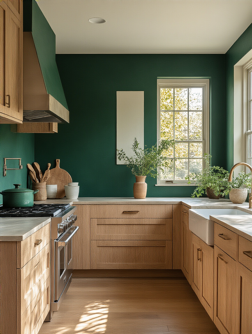Kitchen with a stunning deep emerald green accent wall contrasting light wood cabinets