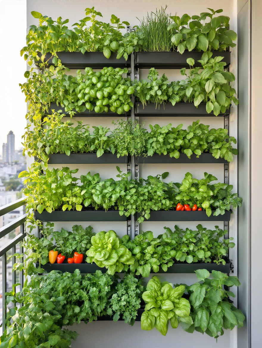 Vertical herb and vegetable garden on an urban balcony with multiple tiers of lush green plants in a professional photo