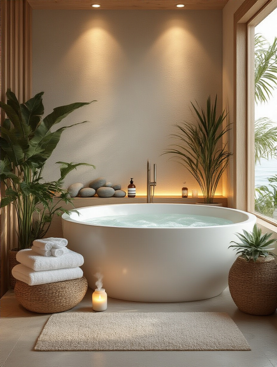 A tranquil coastal bathroom retreat with a freestanding tub, natural materials, and soft lighting.