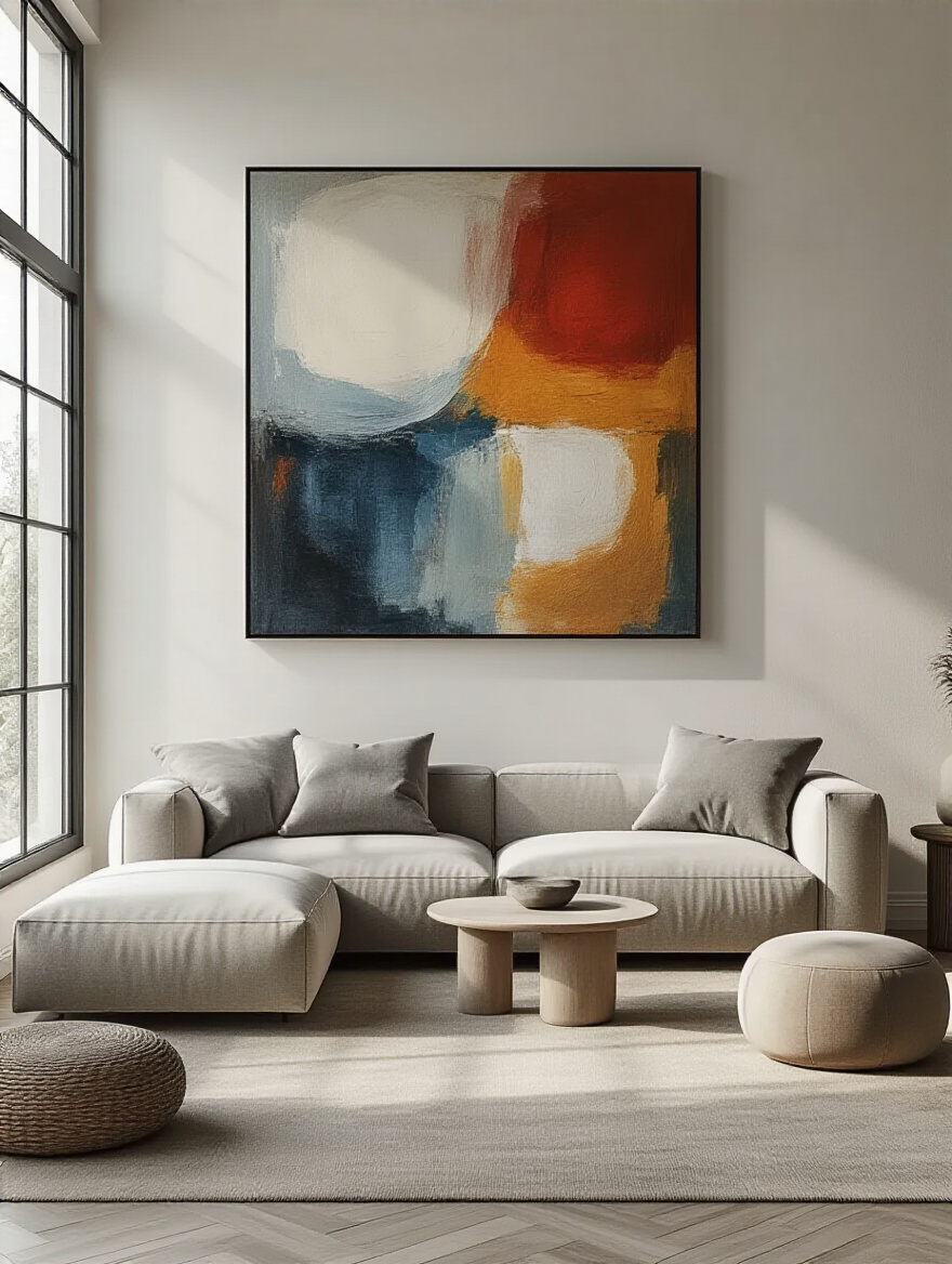 Minimalist living room with a single large abstract painting above a modern sofa