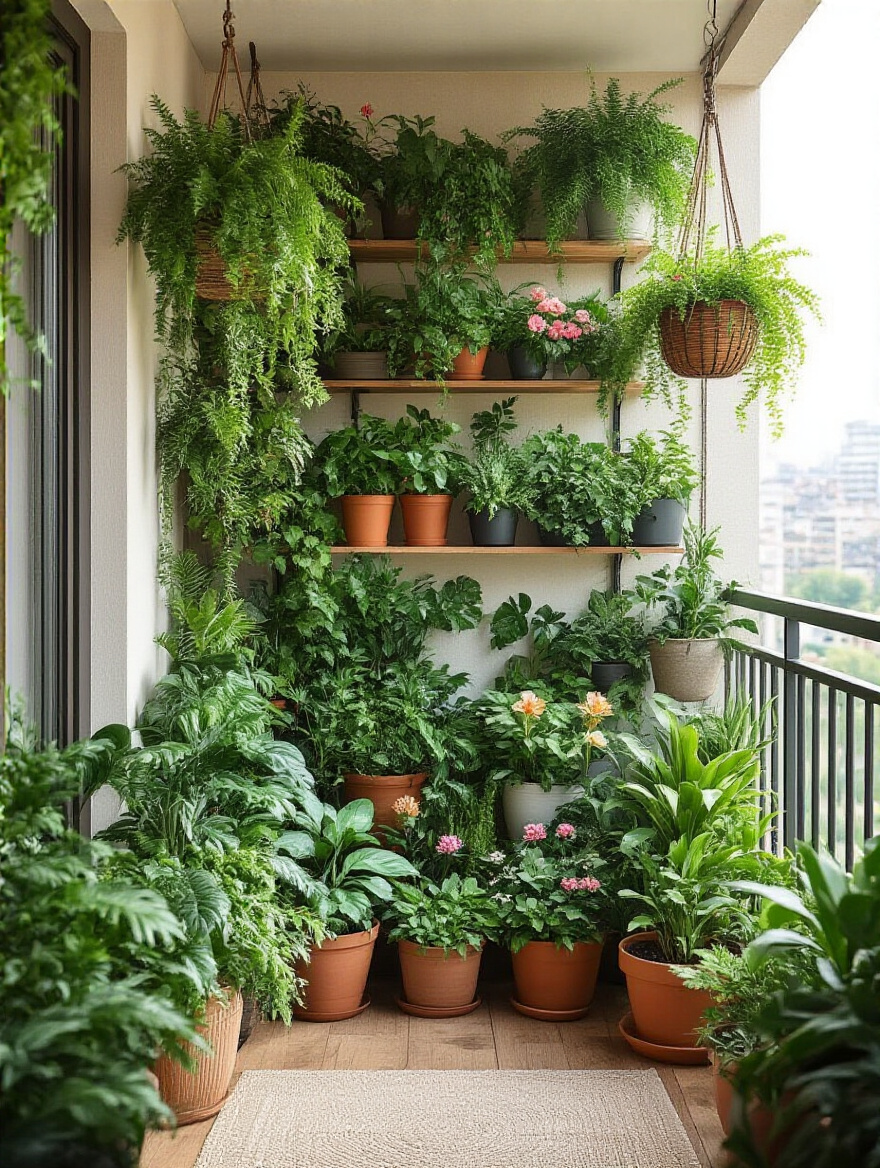 Urban balcony decorated with diverse planters and hanging baskets filled with lush green plants and flowers, showcasing vibrant balcony greenery design