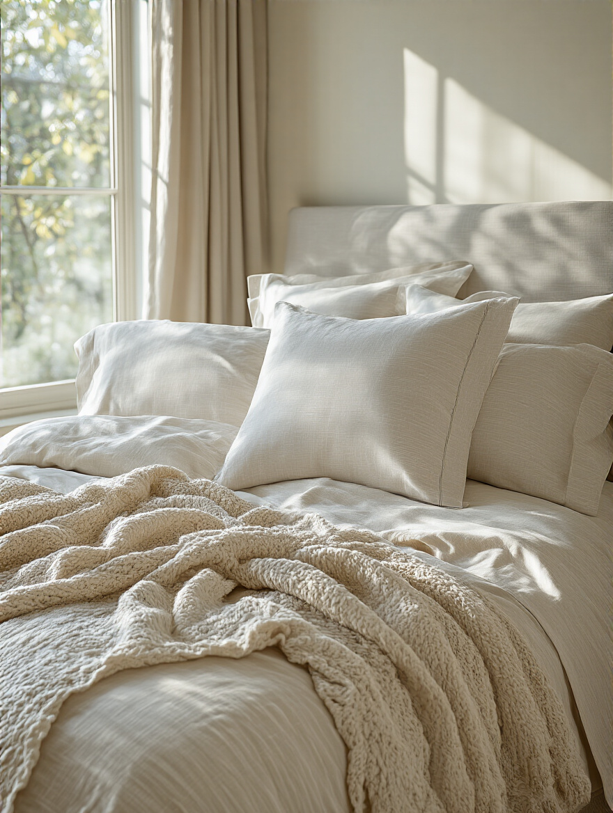 Master bedroom bed with luxurious linens including high-thread-count sheets, satin pillowcases, and a cozy throw blanket in natural light