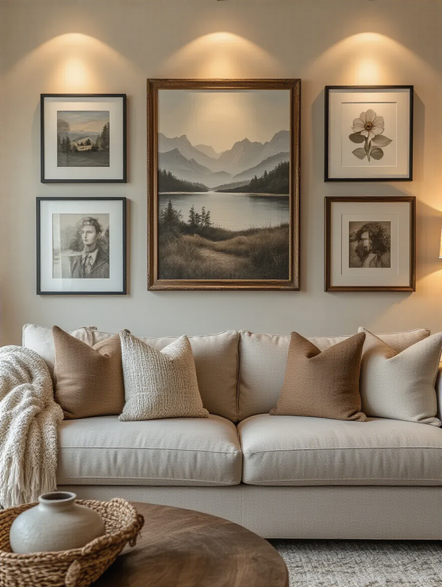Curated gallery wall of meaningful artwork and photo frames in a stylish living room with warm lighting and modern decor