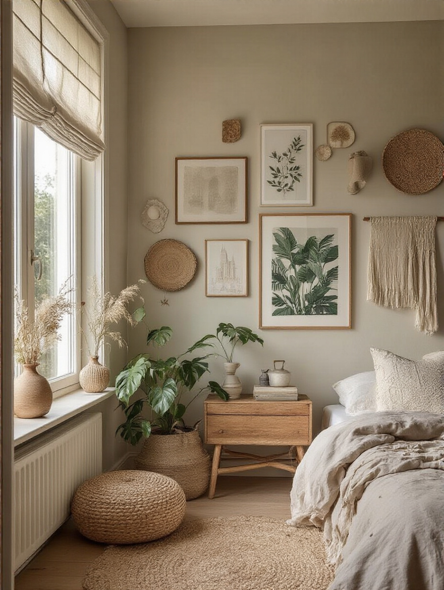 Thematic wall display in a cozy bedroom featuring an Urban Jungle theme.