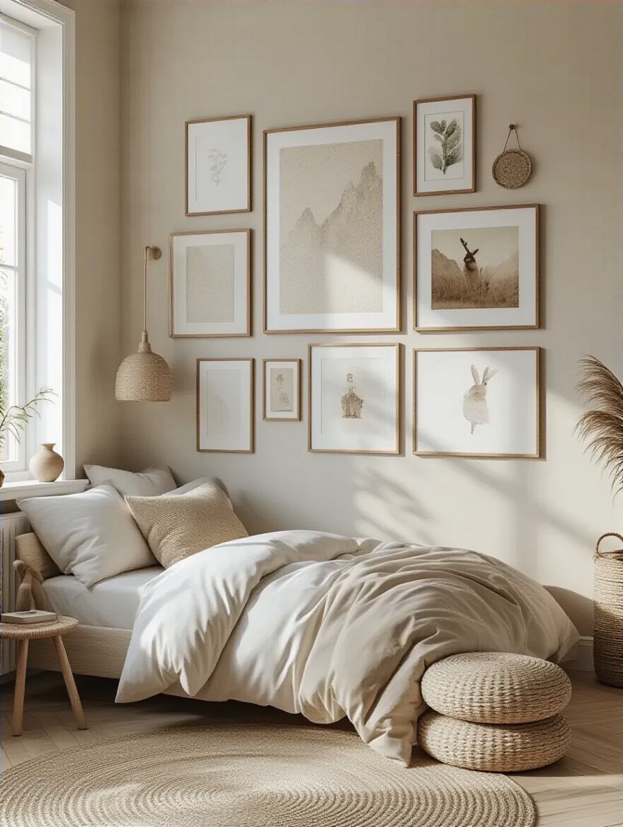Bedroom with curated wall art gallery showcasing framed art and decorative objects arranged on a focal wall